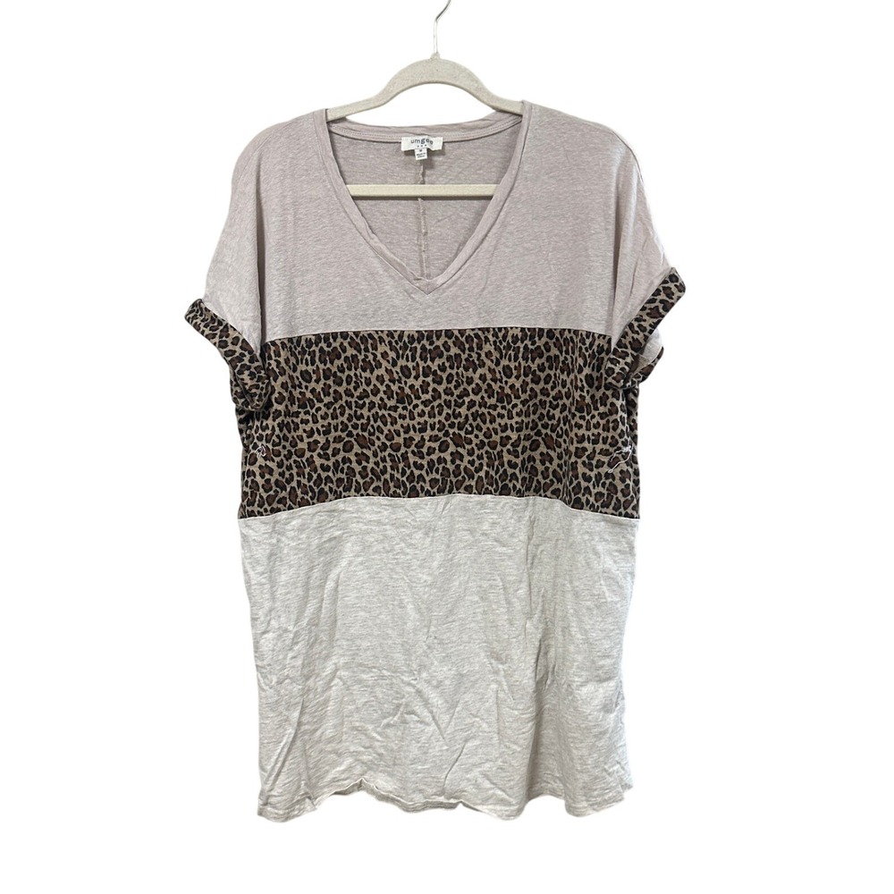 Umgee USA Womens Linen Blend Leopard Colorblock V-Neck Dolman Mini Dress Medium